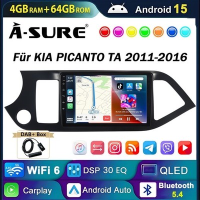 DAB+ 4+64G Android 15 CarPlay Autoradio FM GPS Navi Für KIA PICANTO TA 2011-2016