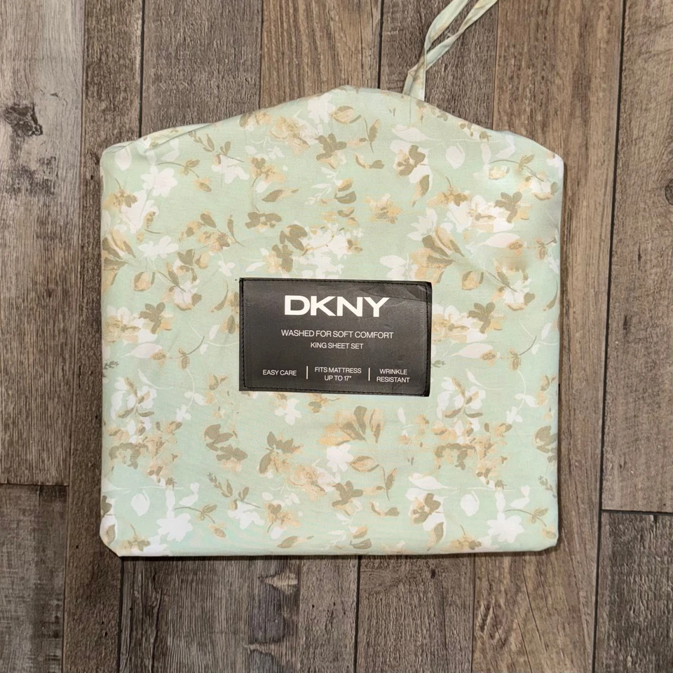 Juego de sábanas DKNY King verde menta beige blanco gris flores florales resistentes a las arrugas Foto 2 de 4