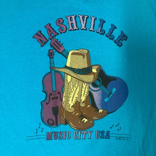 Vintage Jerzees Nashville Music City USA T-Shirt Blue Made in USA Large 50/50