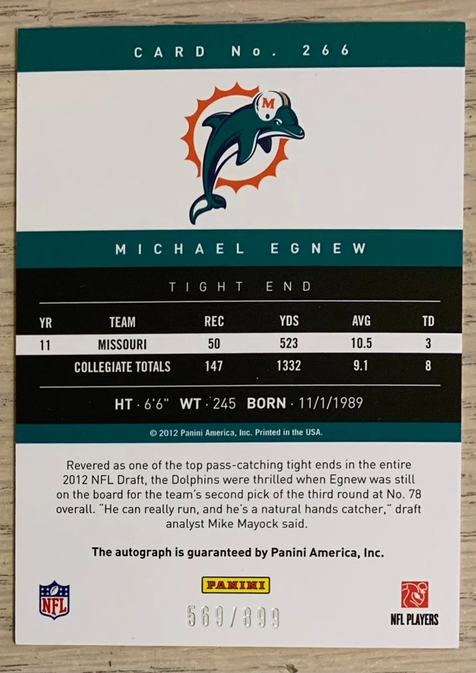 2012 Panini Prestige - Autograph Card - Michael Egnew RC - Miami - 569/899 - Image 2 of 2