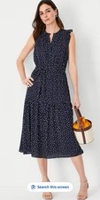 ANN TAYLOR size M midi dress Cottagecore Boho Peasant navy blue dotted