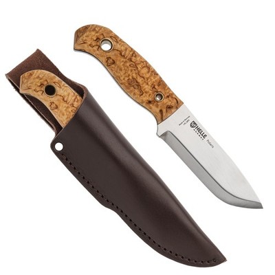 HELLE Polaris 675 mit 14C28N-Klinge, Birkenholz-Griff und brauner Lederscheide