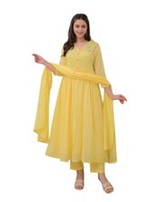 Women's Cotton Embroidered Anarkali Kurti with Pant and Dupatta Set
