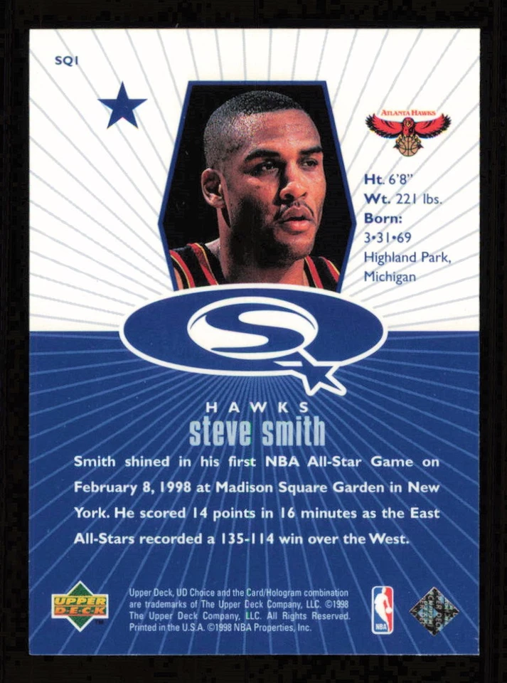 1998-99 UD Choice StarQuest Blue #SQ1 Steve Smith  Basketball HAWKS NM - Image 2 of 3