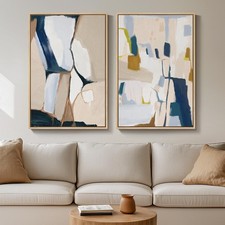 Large Framed Neutral Abstract Wall Art for Living Room, Set of 2 Bright Modern C