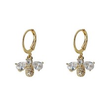 14ct Gold Plated Bee Drop Earrings Crystal Insect Dangle Hoop Earrings