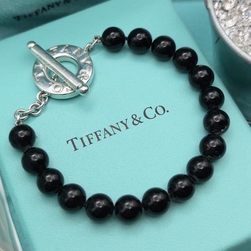 Tiffany & Co. Black Onyx Bead Toggle Bracelet 7.75" Sterling Silver Box Pouch 