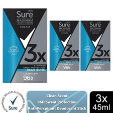 Sure Men Clean Scent or Sports Active Anti-Perspirant Cream Stick, 3 Pack, 45ml