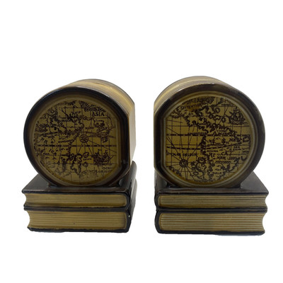 Vintage Ceramic Globe Map Coin Bank Bookends Pair Brown Yellow Made In Japan