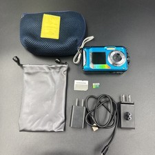 Blue 48MP Underwater Camera Dual Screen, Waterproof, Samsung 128GB SD Tested