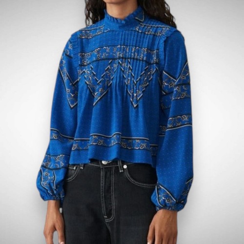 Ganni Cloverdale 100% Silk Blue Blouse Top Size US 0 EU 32 Women's Sandwashed