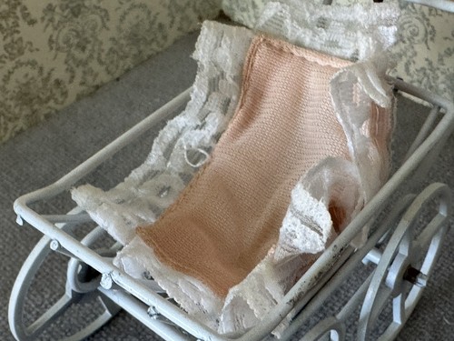 Dollhouse Metal White Baby Carriage With Peach accents - Picture 4 of 10