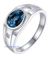 Natural London Blue topaz & CZ  Gemstones 925 Sterling Silver Ring For Men #C666
