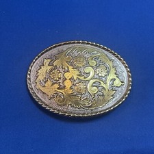 VTG Mixed Metal Color Western Oval Cowboys Cowgirls Fancy Belt Buckle Marked W