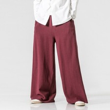 Men's Vintage style Chinese Loose Fit Trousers Straight Wide leg Pants Linen New