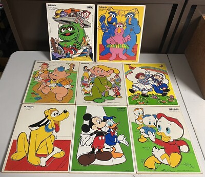 (8) Playskool Vintage Wooden Puzzles Sesame Street Disney Made In USA Frame Tray