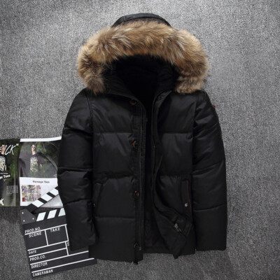 Men's Fur Collar Hooded Duck Down Coat Winter Warm Thicken Down Jacket Parka New