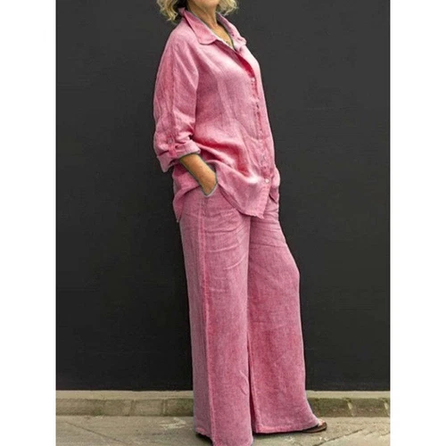 Damen Baumwolle Leinen Anzug Hemd Lockere Hose Set Langarm Freizeit Sets Sommer - Bild 22 von 32
