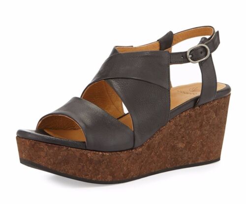 COCLICO SHOES MELANIA SLINGBACK CORK WEDGE SANDALS BLACK LEATHER 38.5 $375 7.5 - Picture 1 of 10
