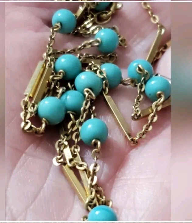 Solid 14k Gold Turquoise Cable Link Chain Station… - image 8