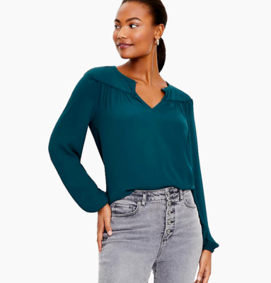 NEW Loft S Women's Blouse Top Green Teal Shirred Keyhole Split Neck Mixed Media 
