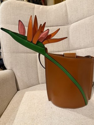 STAUD Leather Bird of Paradise Plant Bucket Top Handle Bag Purse Cognac NWOT