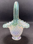 Vintage Fenton Aquamarine Iridescent Opalescent Ruffle Edge Basket