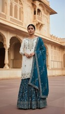 Stylish Pure Chinon Silk Top Palazzo With Teal Blue Dupatta For Wedding Wear