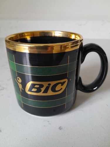 Rare Vintage Bic Company Green Plaid & Gold Trim Coffee Mug