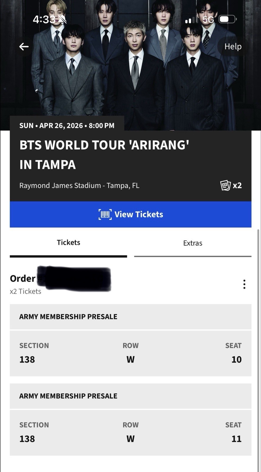 BTS CONCERT TICKETS LOT OF 2 — TAMPA FL RAYMOND JAMES STADIUM ‘Arirang’ Tour!