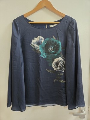 Jacques Vert marineblaue kokette Bluse ''Brautmutter'' Grafik Blumenmuster - Größe 14