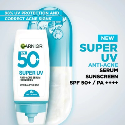 Garnier Super UV Anti Acne Serum Sunscreen With Salicylic BHA SPF50+ PA++++ 30ml