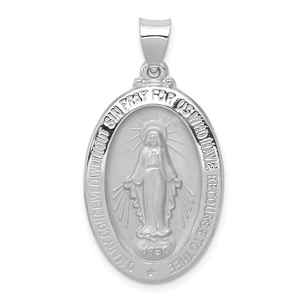 14k White Gold Polished and Satin Hollow Miraculous Medal Oval Pendant 2.19gm