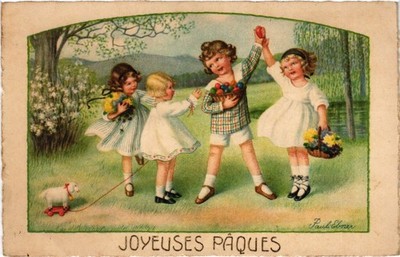 PC PAULI EBNER, ARTIST SIGNED, CHILDREN, EASTER, Vintage Postcard (b65821)