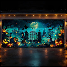 6 13FT Halloween Garage Door Cover, Spooky Haunted Cemetery