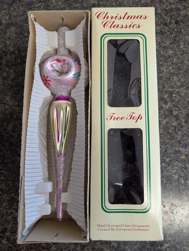 VTG Commodore Glass Pink Christmas Tree Topper Romania 7220 Original Box RARE