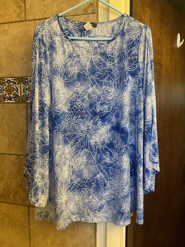 Cocomo Damen 1X langer Pullover mit Schlitz Flatterärmeln Rundhals blau-weiß Oberteil
