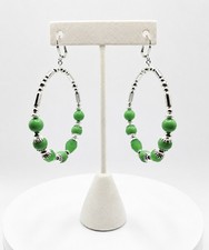 Handmade Green Beaded Hoop Earrings&ndash; Lightweight Silver Tone