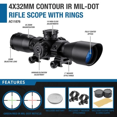 Barska 4x 32 Contour Riflescope Mil Dot IR Picatinny Weaver Style Rings AC11876