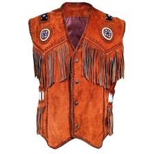 Native American Fringe Vest Handmade Indian Beaded Buckskin Leather Cowboy Style