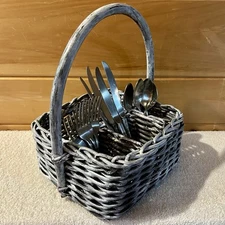 Rattan Wicker Silverware Utensil Caddy Supplies Holder Divided Basket w/Handle