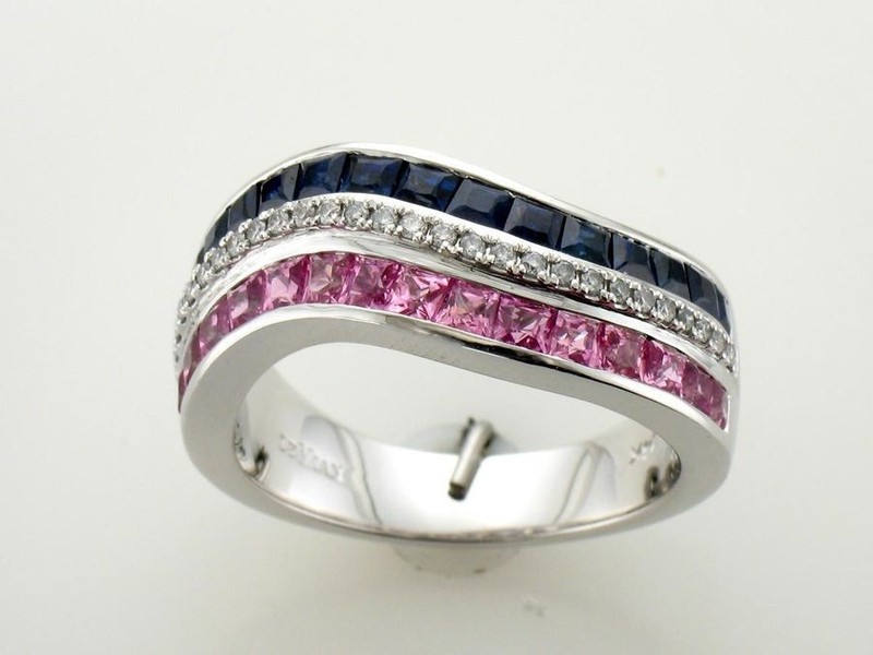 Le Vian 14K White Gold Triple Row Ring 1.93 cts Pink Sapphire Diamonds - Size 7