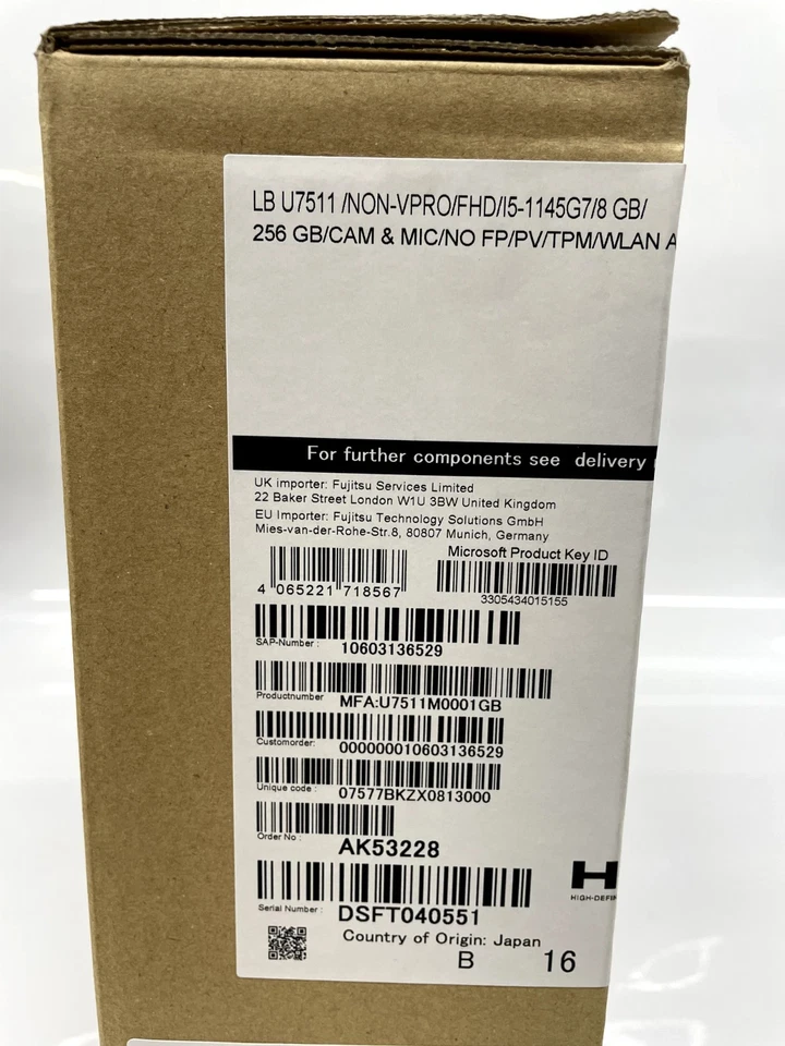 Fujitsu U7511 15.6" Touchscreen i5-1145G7 8GB RAM 256GB SSD --New & Dead Battery