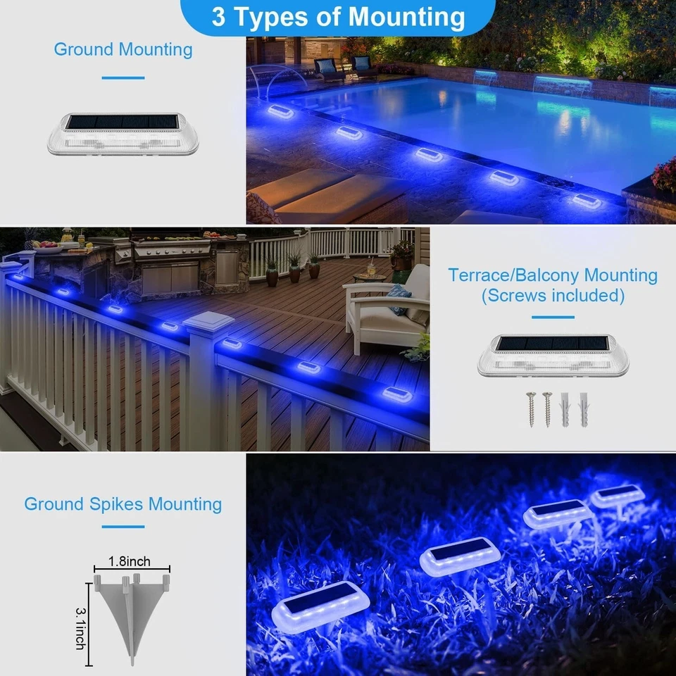 8 Packs Solar Powered BLUE Deck Lights Driveway Dock Lights Waterproof Driveway - Image 4 of 4