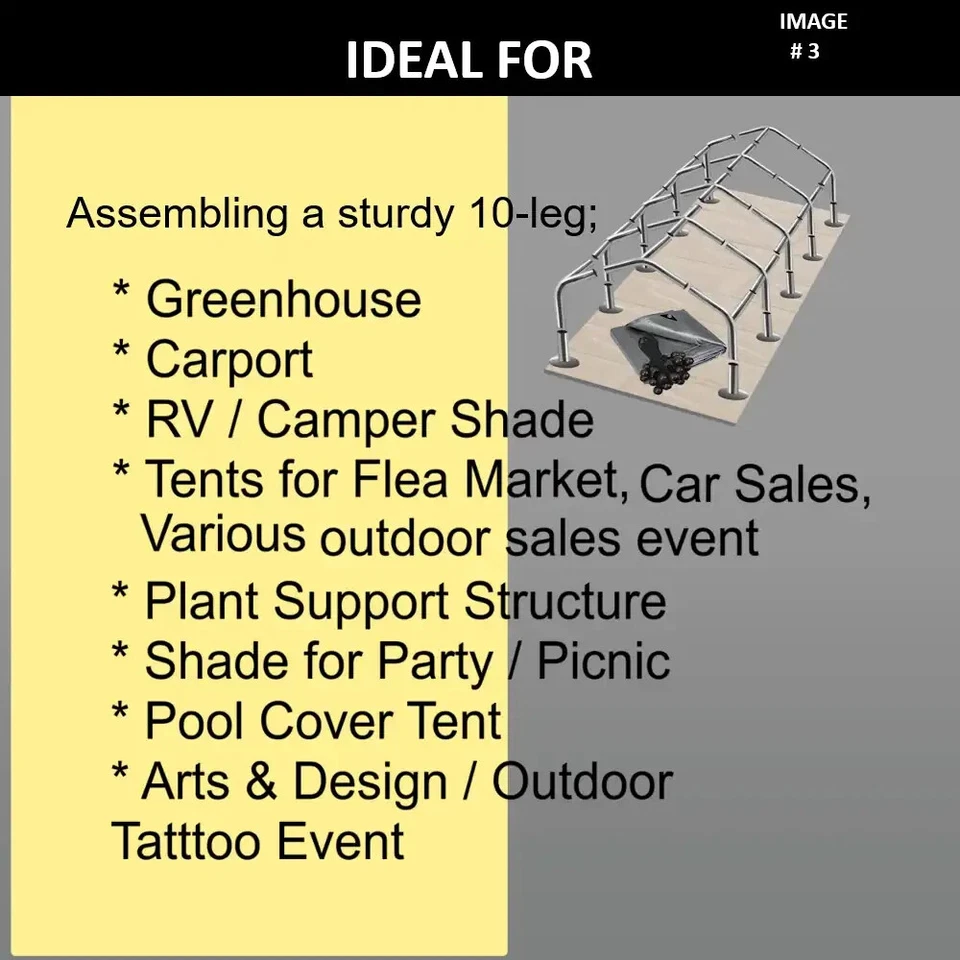 18x40' Carport Canopy Kit |1-3/8'' ID Fittings+Tarp+Bungee | No Roof / Leg Poles - Image 2 of 4