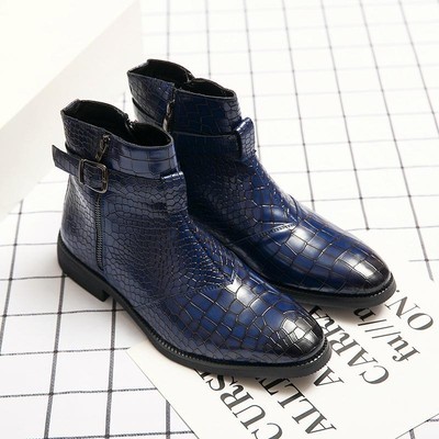 Mens Ankle Boots Metal Buckle Pointy Toe Cracked Zipper Casual