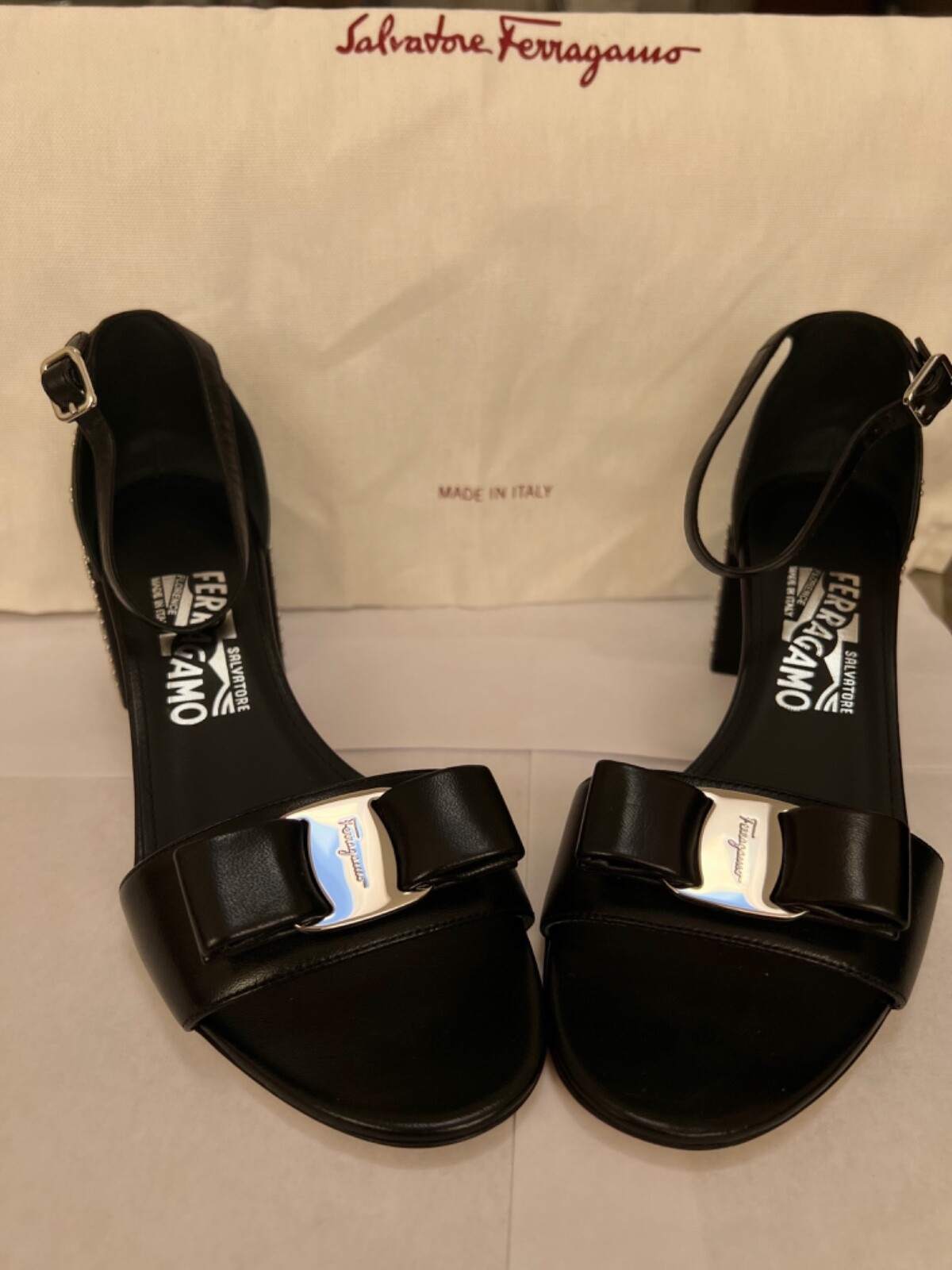 Salvatore Ferragamo Black Gavina Bow Patent Studded  Leather Sandals.Size 7C.NWB