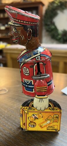 Vintage 1930s RARE Louis Marx Red Cap Porter Tin Litho Wind Up Toy WORKS!