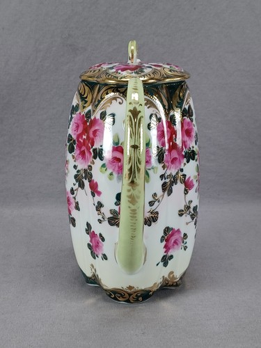 Antique Nippon Hand Painted Pink Roses Dark & Light Green & Gold Chocolate Pot - Picture 4 of 10