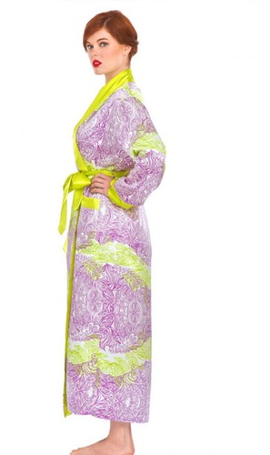 Soffia B Delphine Bathrobe Meadow Music Purple And Lime Print Silk Long Size XS - Picture 7 of 12
